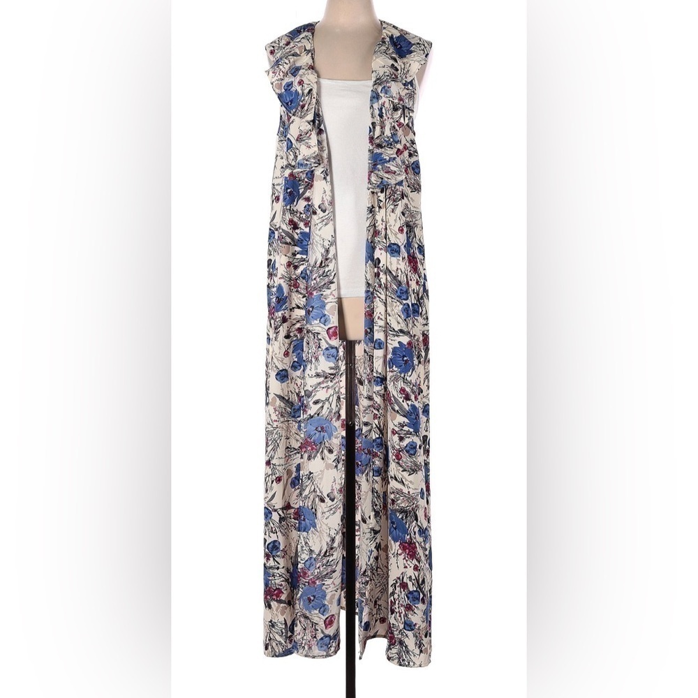 NWOT Peach Love California Cream Floral Long Duster Vest with Blue Accents